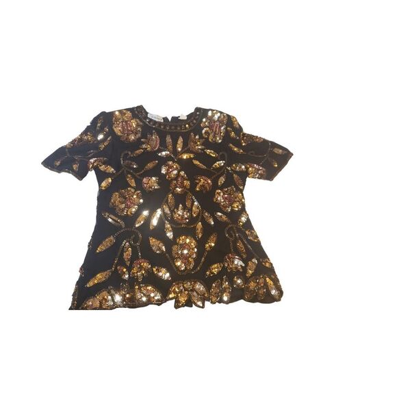 Vintage Stenay Black Gold Sequin Beaded Silk Blouse Top‎ Size 8 Elegant Formal - Picture 5 of 16